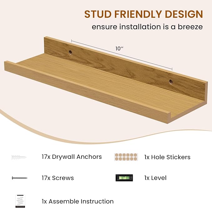 Axeman Picture Ledge Shelf, Floating Shelves for Wall Decor Storage Set of 6, 16 inch Floating Wall Mounted Shelves, Wall Shelves with Lip for Living Room, Bedroom, Nursery, Bathroom, Kitchen, Oak-CubbioJoy