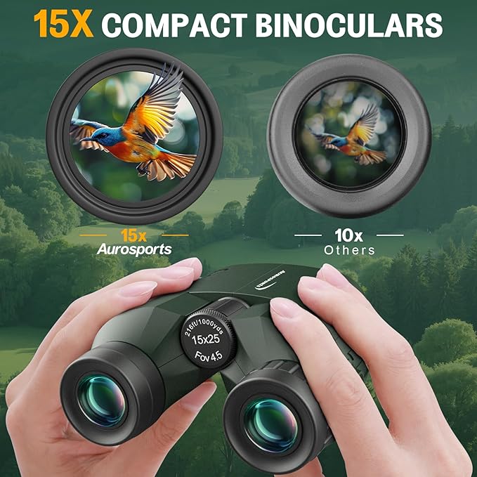 Aurosports 15x25 Compact Binoculars for Adult Kids - High Power Binoculars for Bird Watching - Easy Focus Small Binocular with Low Light Vision for Travel, Camping, Concert, Hiking -Green-CubbioJoy