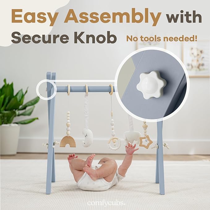 Comfy Cubs Wooden Baby Play Gym - Natural Finish Pinewood Baby Activity Gym with 5 Sensory Hanging Toys - Easy No-Tool Assembly, Safe and Durable for Infant Motor and Visual Development - Pacific Blue-CubbioJoy