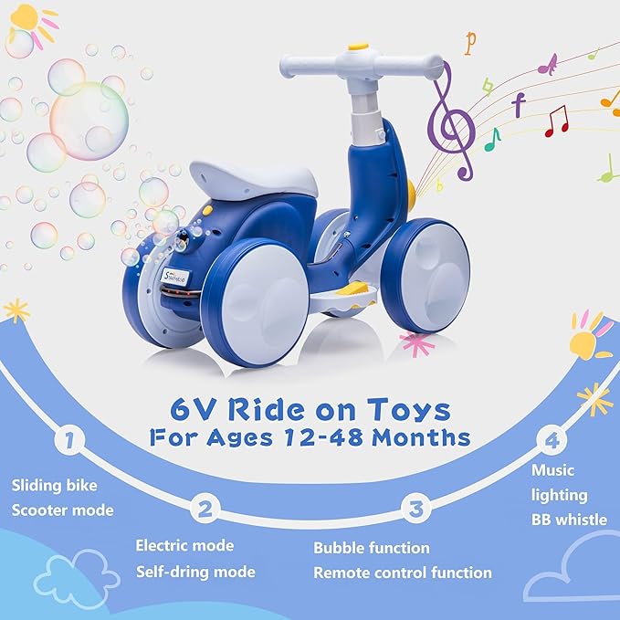 6V Electric Baby Balance Bike with Bubble Machine,4 in 1 Toddler Balance Bike w/Remote Control for 1 Year Old Boys Girls Kids Bubble Bike Ride on Toys w/Powered Motor,Music,LED Lights (Blue)-CubbioJoy