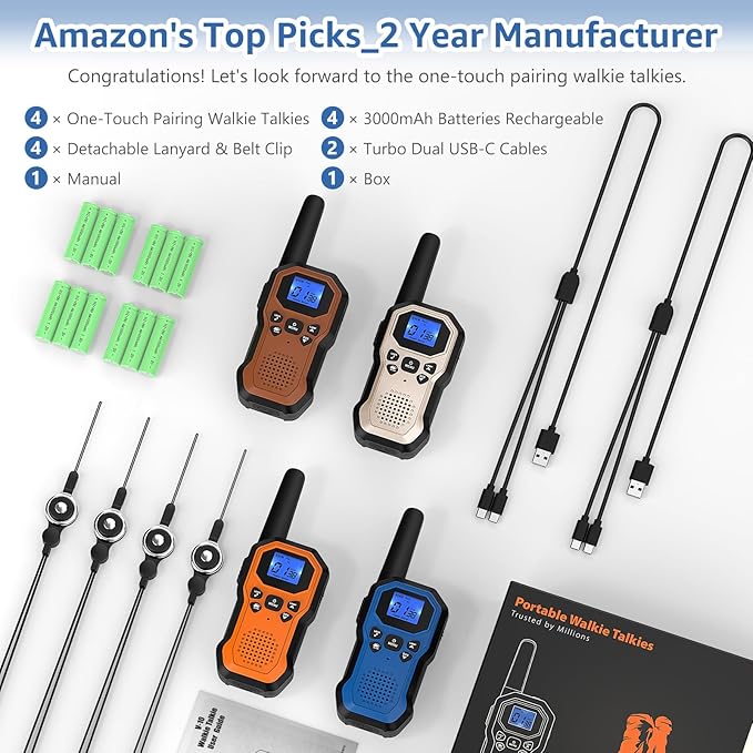 2 Way Radios for Adults Long Range Walkie Talkies for Kids Rechargeable 4 Pack, Camping Hiking Skiing Cruising Gear with Lamp, USB-C, SOS Siren, NOAA Alert, iVOX Hands-Free, One-Touch Pairing-CubbioJoy