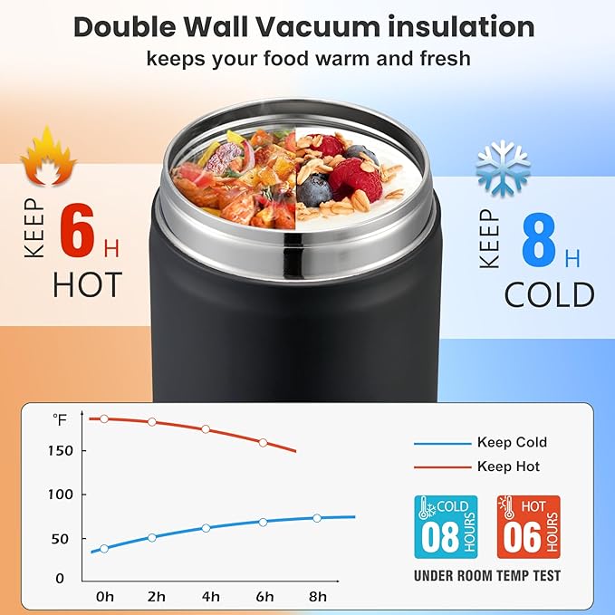 17oz Soup Thermo for Hot Food Kids,Insulated Food Jar with Spoon,Thermo Hot Food Lunch Container,Wide Mouth Leakproof Stainless Steel Lunch Box for School-Black-CubbioJoy