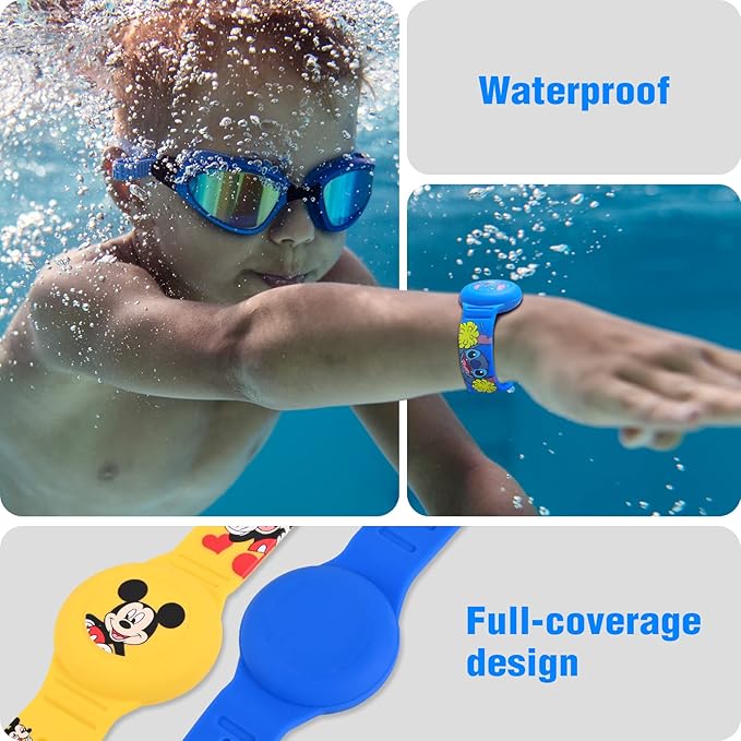 2 Pack AirTag Bracelet for Kids, Waterproof Cute Cartoon Air tag Holder for Kids with Watch Band Design, Full Coverage Silicone Airtag Hidden Accessories for Child, Healthy Material Blue + Yellow-CubbioJoy