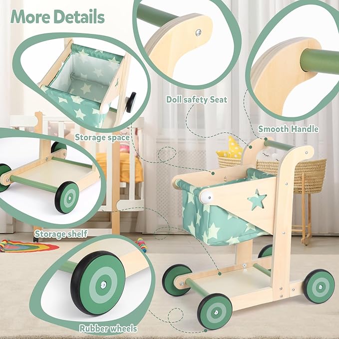 Asweets 2 in 1 Wooden Baby Walker Push and Pull Doll Stroller, Shopping Cart Learning Walker for Boys and Girls, Sit Stand Learning Toddler Toy (Green)-CubbioJoy