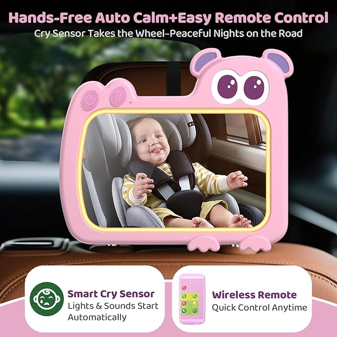2-in-1 Baby Car Mirror with Lights & Soft Sounds, Cry Detector, Clear Night View, 360° Rotation, Shatterproof, Rear Facing Baby Car Seat Mirror with Remote Control, Perfect Baby Shower Gifts (Pink)-CubbioJoy