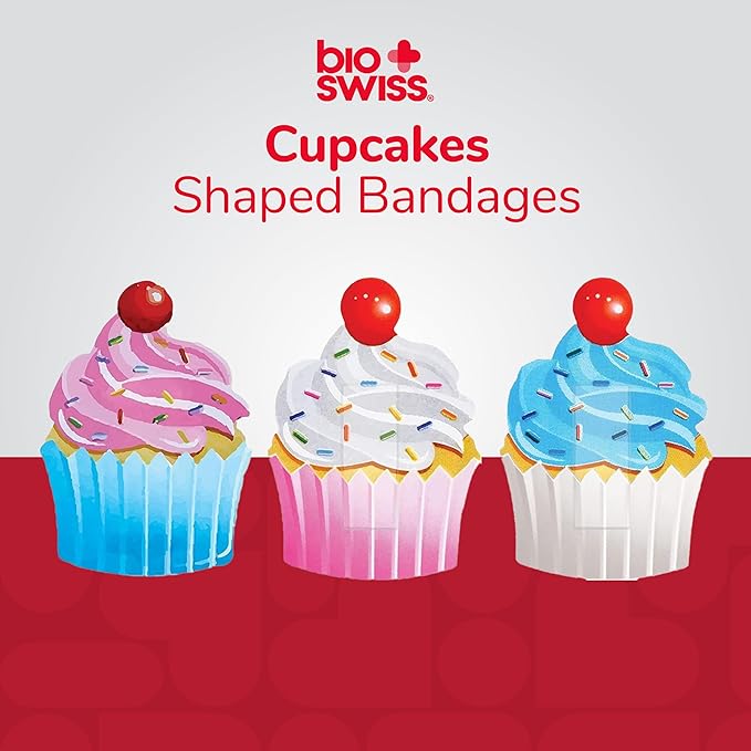 BioSwiss Bandages, Cupcake Shaped Self Adhesive Bandage, Latex Free Sterile Wound Care, Fun First Aid Kit Supplies for Kids, 50 Count-CubbioJoy