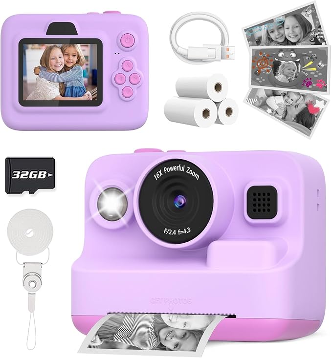 Instant Print Camera for Kids, Christmas Birthday Gifts for 3-12 Year Old Girls Boys, 2.4in Screen 1080P Video Digital Camera Toys for Kids Age 4 5 6 7 8 9 10 with 3 Rolls Print Paper 32G Card-CubbioJoy