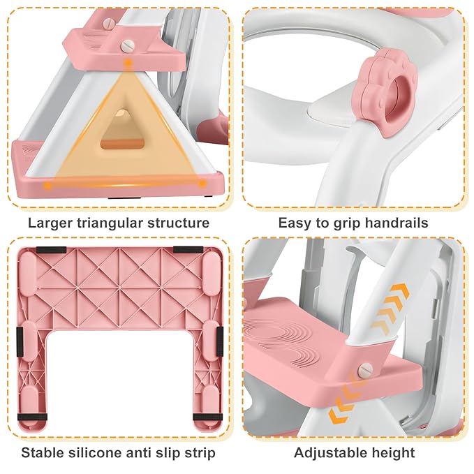 2 In 1 Potty Training Toilet Seat & Toddler Step Stool, Bottom Triangle Stability Toddler Toilet Seat, Adjustable Step & Seat Height Potty Seats (Pink)-CubbioJoy