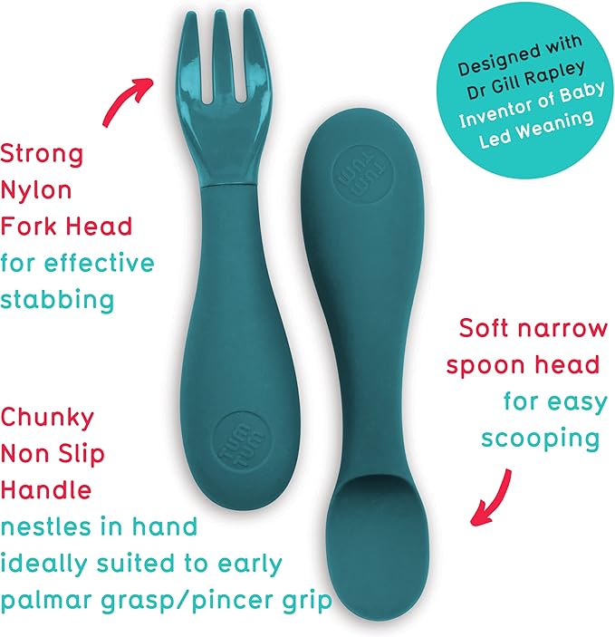 Baby Cutlery with Case, Baby Spoon & Fork Set, Baby Cutlery for Babies, First self Feeding Cutlery, Silicone Baby Spoon & Fork, 6 Months Plus, (Blue)-CubbioJoy