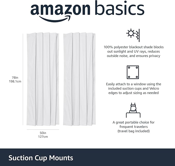 Amazon Basics Portable Blackout Curtain Shade with Suction Cups, 50"W x 78"L, 2-Pack, White-CubbioJoy
