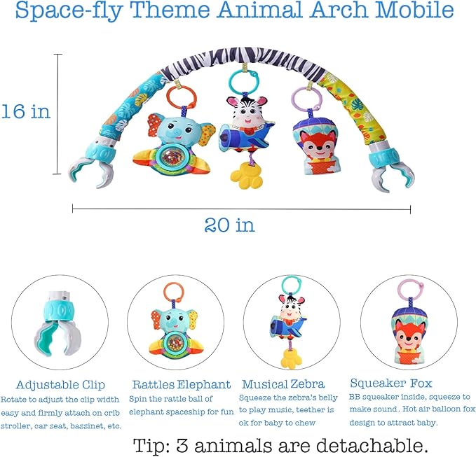 Baby Stroller Arch Mobile With Universal Clamps - Clip-On Activity Bar for Bassinet, Bouncer, Crib, Car Seat - Musical Infant Toys With Elephant Squeaker and Zebra Rattle-CubbioJoy