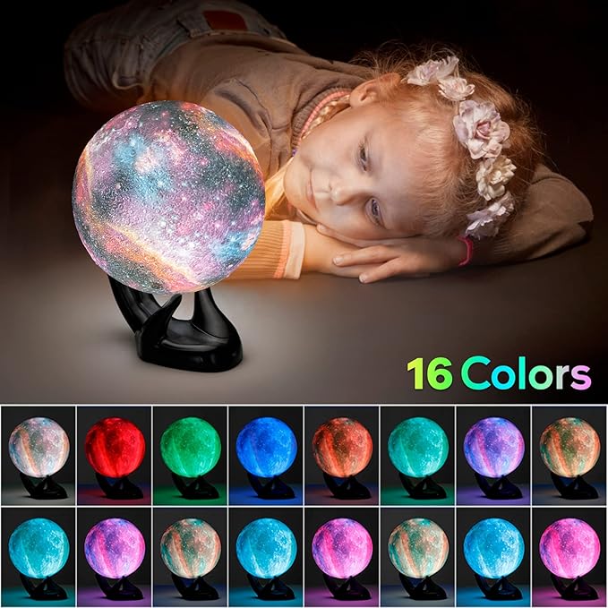 BRIGHTWORLD 7.1inch Galaxy Lamp 16 Colors Moon Lamp 3D Printing, Remote & Touch Control USB Rechargeable, Birthday Gifts for Women Room Decor Aesthetic（Black Hand Base）-CubbioJoy