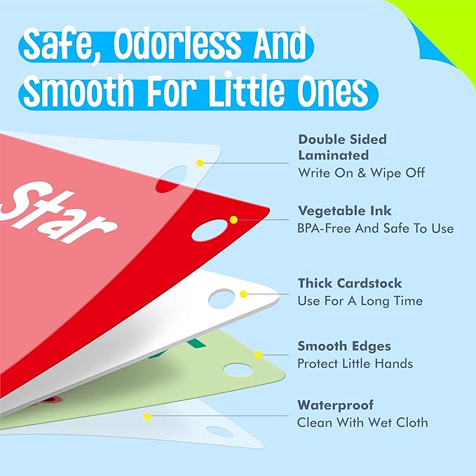 50 PCS First Word Flashcards, Double Sided Learning Cards Alphabet, Foods, Animals, Shapes, Colors, Vehicle, Body Parts with 2 Reclosable Rings, Learning Tool for Pre-K Kindergarten Toddlers-CubbioJoy