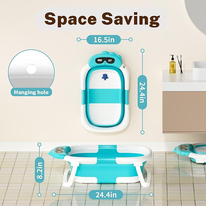 AVIDOR Baby Bathtub,Collapsible Bathtub for Newborn to Toddler,Durable Essential Infant Bath Tub,Portable Travel Baby Tub with Soft Bath Net,No-Slip Feet and Dinosaur Shaped (Light Blue)-CubbioJoy