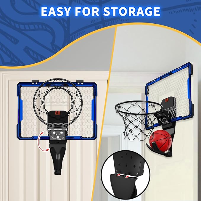 Basketball Hoop Indoor, Mini Basket Ball Hoop with 7 LED Lighting, Scoreboard, Over Door Basketball Hoop with 3 Modes, Volume Adjustable, Foldable, Basketball Toys Gifts for Kids Adults (Blue)-CubbioJoy