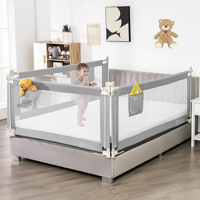 BABY JOY Bed Rail for Toddlers, 57’’ Extra Long, Height Adjustable, Foldable Baby Bed Rail Guard w/Storage Pocket & Double Safety Child Lock for Kids Twin Full Size Queen King Mattress (Gray, 57'')-CubbioJoy