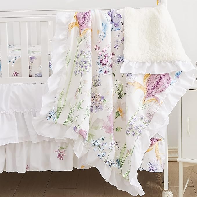 Brandream Gilrs Floral Bedding Boho Baby Bedding Watercolor Farmhouse Nursery Crib Blanket Set 3 Piece, Fitted Sheet, Skirt-CubbioJoy