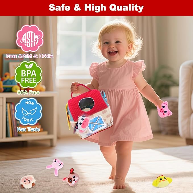Baby Toys 6-12 Months – Montessori Sensory Barn with Plush Farm Animals, Rattles, Crinkle & Mirror – 1st Birthday Gift or Easter Basket Stuffer for Babies-CubbioJoy