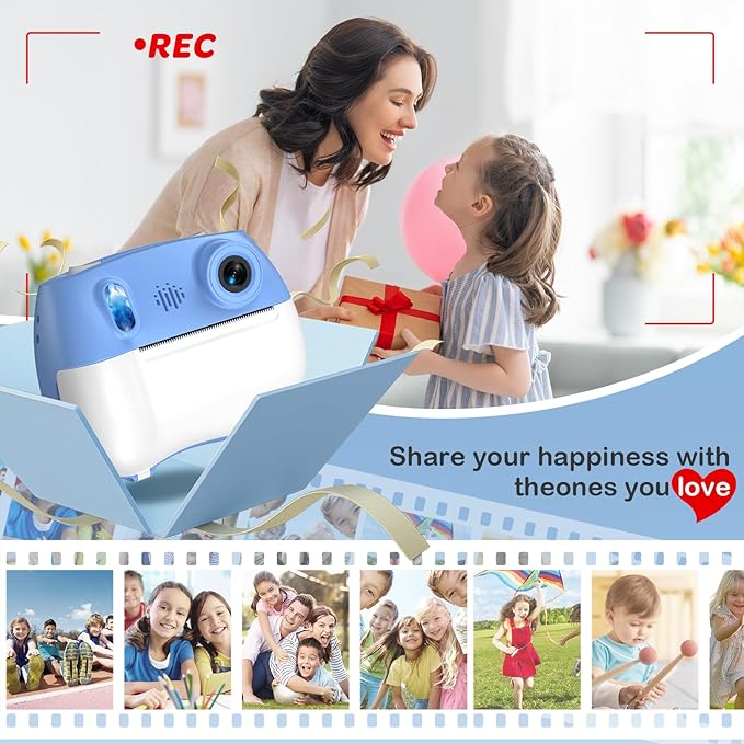 Instant Print Camera for Kids - Front Rear Dual Selfie Kid Print Camera, Fun Birthday Gift for Boys Ages 3-12, HD Digital Video Cameras, Easy to Use for Toddler - Blue-CubbioJoy