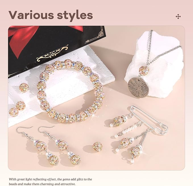 200pcs 10mm Rhinestone Beads for Jewelry Making, Light Peach AB Shiny Round Disco Beads Bulk, Sparkle Crystal Clay Christmas for Bracelet Baseball Necklace Earring Crafting and DIY-CubbioJoy