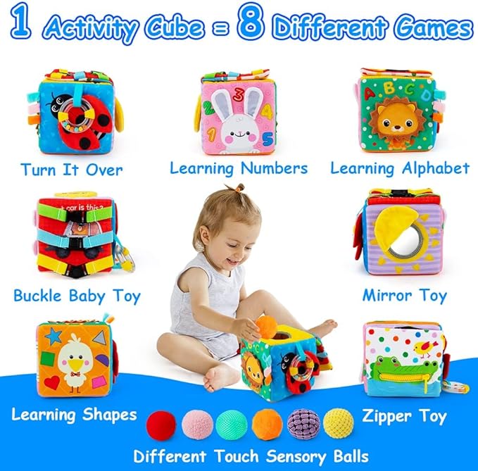 beetoy Sensory Busy Cube for Baby, Montessori Infant Toys with Textured Sensory Balls, Early Learning Travel Toys for Fine Motor Skills, Perfect Newborn Boy and Girl Gift-CubbioJoy