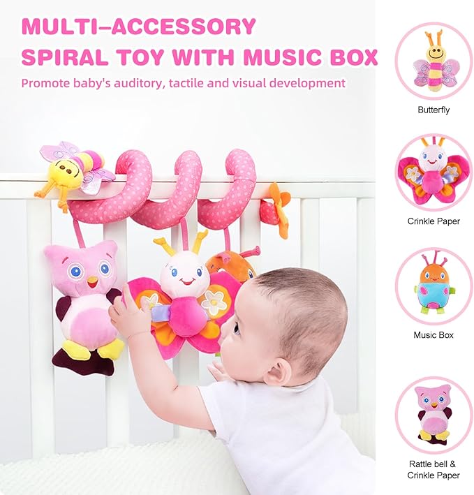 Jollybaby Baby Car Seat Stroller Toys, Plush Activity Hanging Spiral Activity Pram Crib with Music Box, Rattles, Squeaker for Babies Infant Boys Girls(Pink)-CubbioJoy