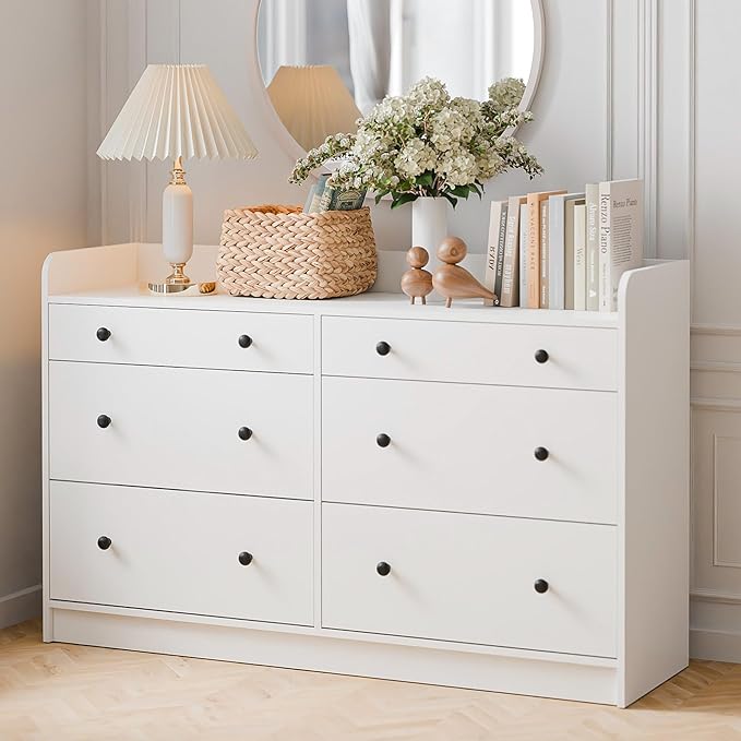Cozy Castle Baby Dresser with 6 Drawers and Large Table Top, Multi-Functional Chest of Drawer, Drawer Dresser with Three-Sided High Rails for Nursery, Children's Room, Bedroom, White-CubbioJoy