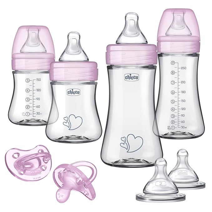 Chicco Duo Newborn Hybrid Baby Bottle Starter Gift Set with Invinci-Glass Inside and Plastic Outside | Dishwasher, Bottle Warmer, and Electric Sterilizer Safe | Intui-Latch Nipple | Clear/Pink-CubbioJoy
