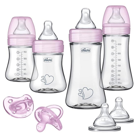 Chicco Duo Newborn Hybrid Baby Bottle Starter Gift Set with Invinci-Glass Inside and Plastic Outside | Dishwasher, Bottle Warmer, and Electric Sterilizer Safe | Intui-Latch Nipple | Clear/Pink-CubbioJoy