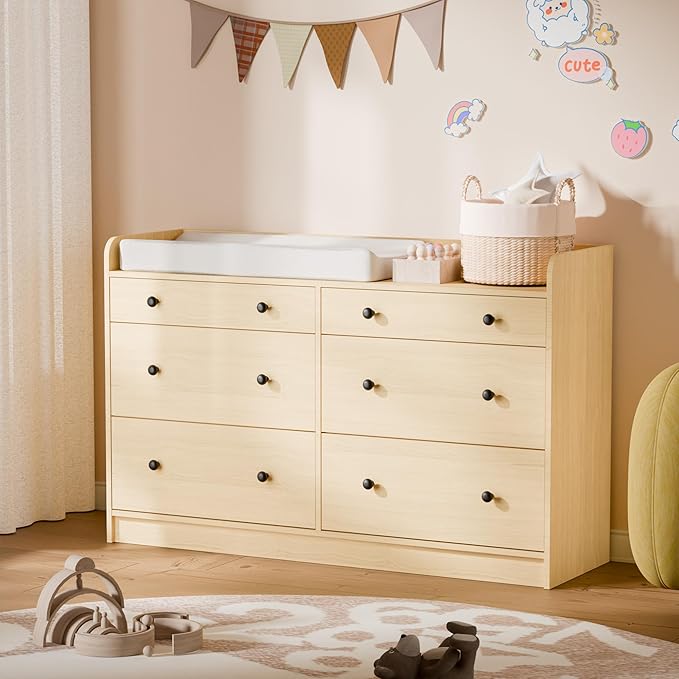 Cozy Castle Baby Dresser with 6 Drawers and Large Table Top, Multi-Functional Chest of Drawer, Drawer Dresser with Three-Sided High Rails for Nursery, Children's Room, Bedroom, Oak-CubbioJoy