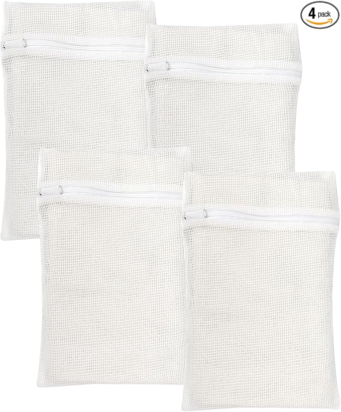 4 Piece White Small, Durable Organic Cotton Mesh Laundry Bag with Strong Zipper and Breathable Mesh, Delicate Laundry Bag for Underwear, Clothes, Pants and Socks-CubbioJoy
