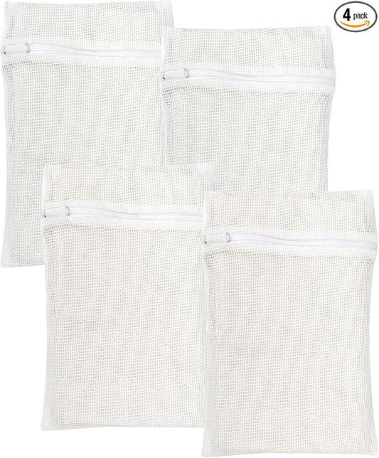 4 Piece White Small, Durable Organic Cotton Mesh Laundry Bag with Strong Zipper and Breathable Mesh, Delicate Laundry Bag for Underwear, Clothes, Pants and Socks-CubbioJoy