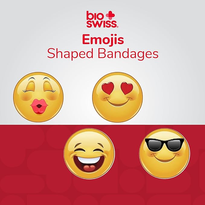 BioSwiss Bandages, Emoji Shaped Self Adhesive Bandage, Latex Free Sterile Wound Care, Fun First Aid Kit Supplies for Kids, 24 Count-CubbioJoy