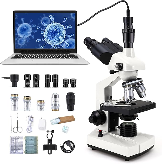 40X-5000X Compound trinocular Microscopes trinocular fo Adults, with 5.0 mp Camera with Microscope Slides 30p, Microscope Accessories, Microscopes Abbe Condenser-CubbioJoy