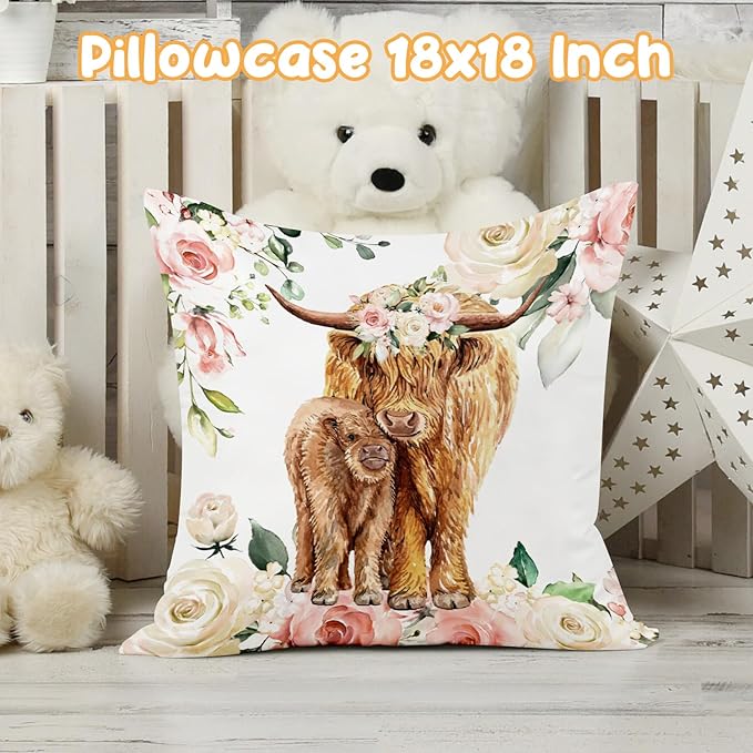 Baby Crib Bedding Set - Highland Cow Design Nursery Bed 3 Pcs Set - Chic Soft Blanket with Dotted Backing, Sheet, Pillowcase for Newborns Girls Boys Gifts Color01-CubbioJoy