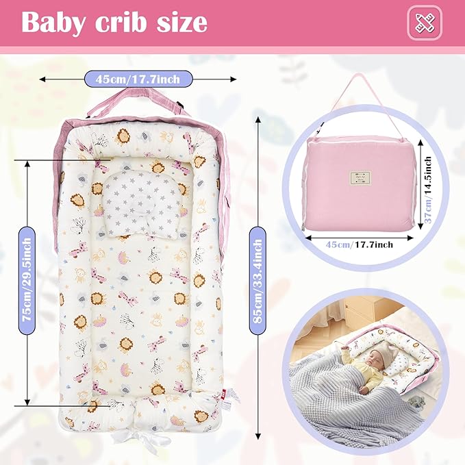 Baby Lounger for Tummy Time Portable,Baby Play mat with Strap,Newborn Lounger Inner Zipper for Boys Girls 0-24 Months,Animal World Pink-CubbioJoy