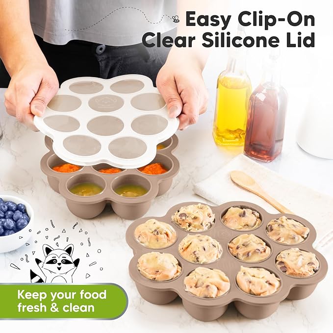 KeaBabies Silicone Food Freezer Trays with Lid, 2oz x 10 Pods Baby Food Storage Containers, Easy Puree Meal Prep, Breast Milk Silicone Freezer Molds, Dishwasher, Microwave Safe,BPA-Free(Chai Latte)-CubbioJoy