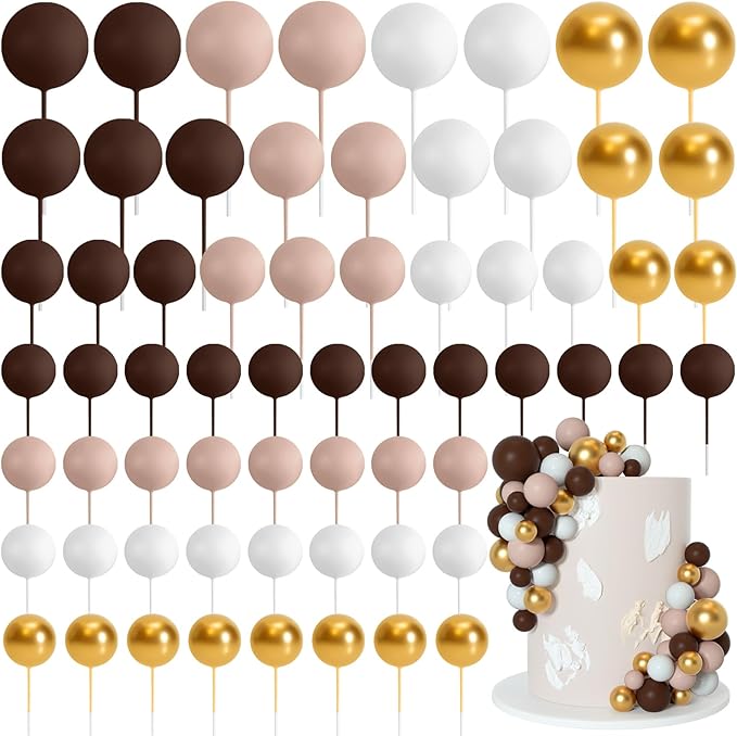 75 Pieces Cake Balls Topper Decorations Foam Cupcake Topper Mini Balloon Cake Topper Picks for Cake Deco Birthday Party Wedding（Brown Gold White Series）-CubbioJoy