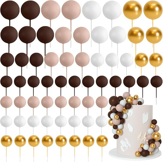 75 Pieces Cake Balls Topper Decorations Foam Cupcake Topper Mini Balloon Cake Topper Picks for Cake Deco Birthday Party Wedding（Brown Gold White Series）-CubbioJoy