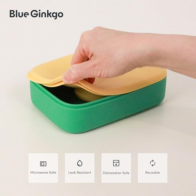 BLUE GINKGO Silicone Lunch Box Set – Durable Heavy-Duty Silicone Bento Box, Microwave, Freezer, Dishwasher Safe – Airtight, BPA Free (Made in Korea, Green)-CubbioJoy