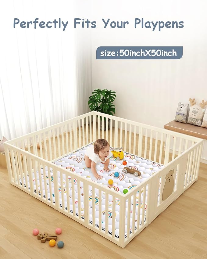 Boho Rainbow Baby Play Mat 50x50 Playpen Mat Thicken Soft Baby Crawling Mat Non-Slip Cushioned Baby Floor Mat with Letters, Activity Playmats for Babies Toddlers Play & Tummy Time (50X50,White)-CubbioJoy