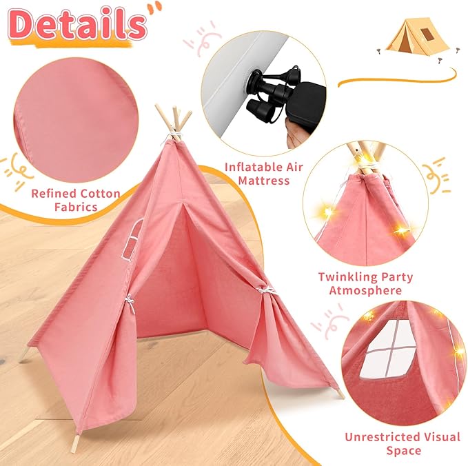 4 Pack Teepee Tent for Kids with Light String and Inflatable Airbed, Slumber Party Tents, Sleepover Tents Party for Girls Boys Indoor Outdoor (Pink)-CubbioJoy