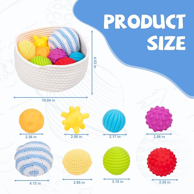Adena Montessori 8 Pack Sensory Balls for Toddlers 1-3,Sensory Baby Toys 6-12 Months,Infant Educational Squeeze Sensory Toy Soft Multi Ball Set Gifts with Bright Color Textured with White Woven Basket-CubbioJoy