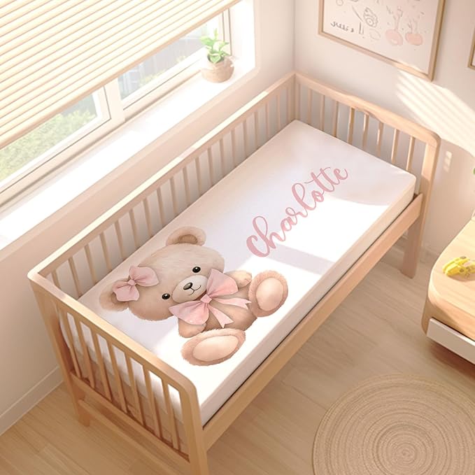Custom Name Baby Girl Crib Bedding Set – Personalized 3-Piece Bear with Pink Bow Nursery Set with Soft Blanket, Fitted Crib Sheet & Pillowcase – Infant Toddler Bedding Gift for Newborn-CubbioJoy