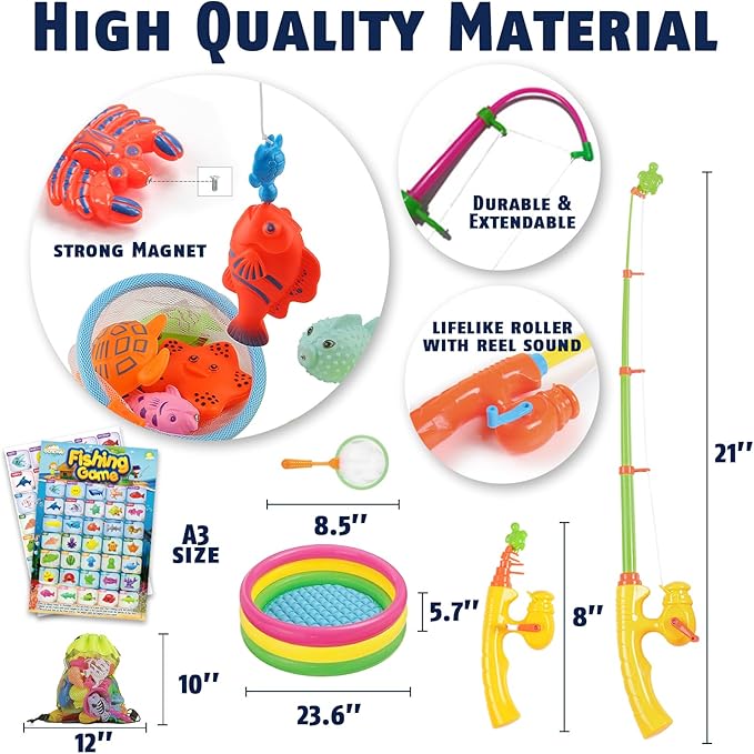 CozyBomB™ Magnetic Fishing Toys Game Set for Kids | Water Table Bathtub Kiddie Pool Party & Pole Rod Net, Plastic Floating Fish Toddler Color Ocean Sea Animals Birthday Age 3 4 5 6 Year-CubbioJoy