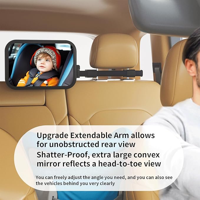 Baby Car Mirror Rear Facing, Safety Adjustable Car Seat Mirror for Baby Extendable Camera Monitor with Hook Clip Design Clear View ShatterProof + 2 Baby on Board Stickers,2 Seat Headrest Hook-CubbioJoy