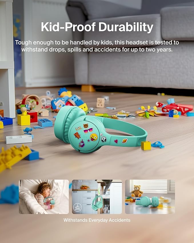 Belkin SoundForm Mini - Wireless Bluetooth Headphones for Kids with 30H Battery Life, 85dB Safe Volume Limit, Built-in Microphone - Kids On-Ear Earphones for iPhone, iPad, Fire Tablet & More - Mint-CubbioJoy