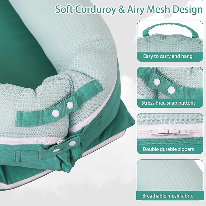 Baby Lounger, Deluxe Infant Lounger, Baby Nest Cover for Baby, Breathable Cotton, Adjustable Baby Floor Seat for Tummy Time, Newborn Essentials for Baby 0-12 Months (Greener)-CubbioJoy