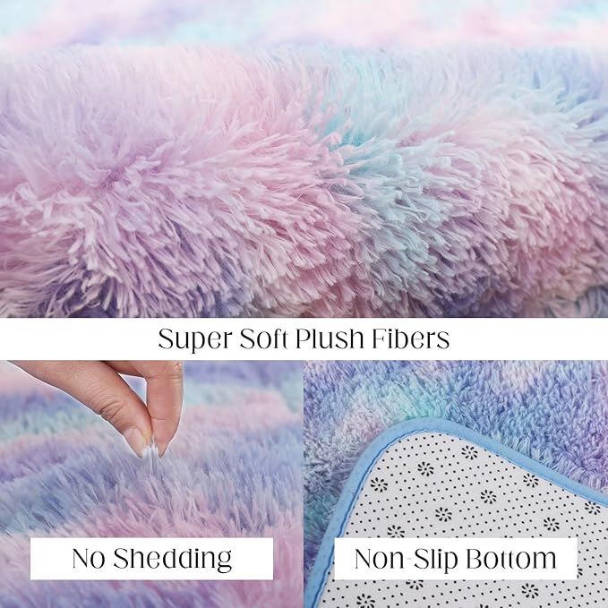 4x5.8 Rainbow Rug for Girls Room, Fluffy Area Rugs for Bedroom, Colorful Kids Rug Cute Anti-Skid Indoor Carpet for Nursery, Living Room, Playroom, Home Decor-CubbioJoy