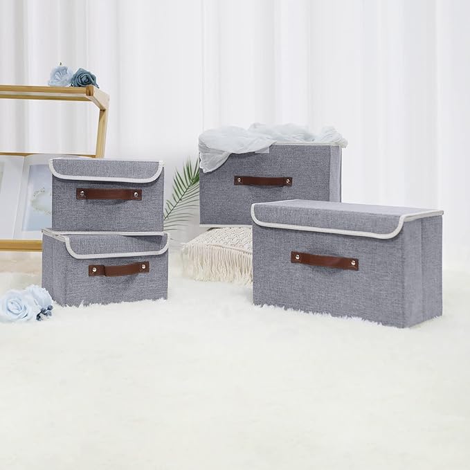 ANMINY 4PCS Storage Bins with Lid PU Leather Handles Storage Boxes PP Plastic Board Decorative Foldable Lidded Cotton Linen Fabric Home Cubes Baskets Closet Organizer Containers - Gray, Small Size-CubbioJoy